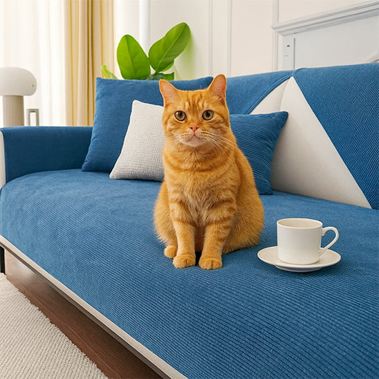 Protection canapé chat bleue long imperméable avec un chat roux assis sur cette protection et à cÎté de lui une tasse blanche.