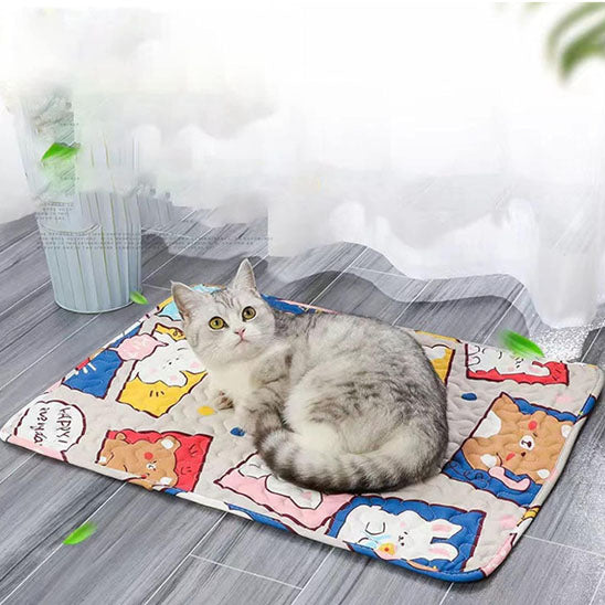 Un coussin chat en forme de tapis beige avec des motifs multicolore et un chat gris allongé dessus.