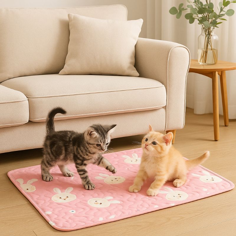 Coussin chat en forme de tapis rose avec des motifs de lapin et deux chatons qui jouent dessus.