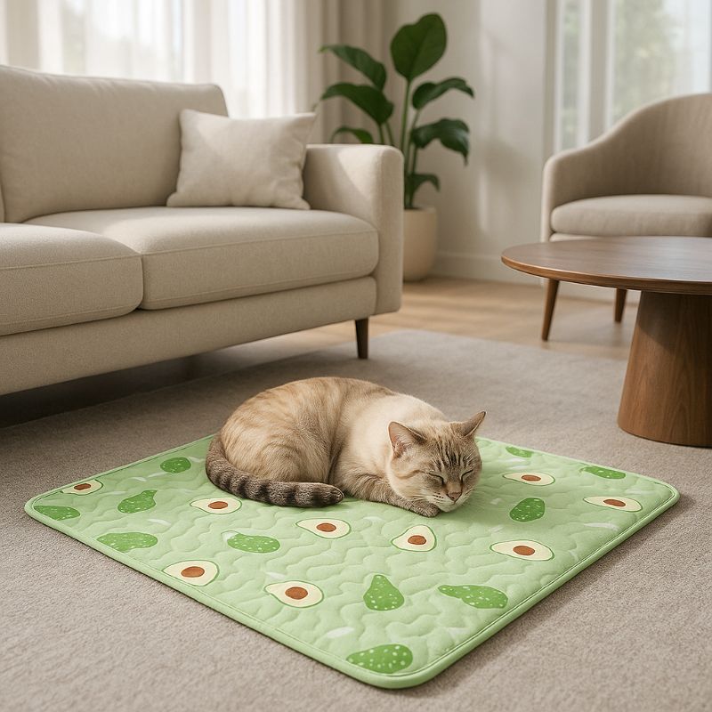 Un coussin chat en forme de tapis vert avec des motifs d'avocat et un chat endormi dessus.