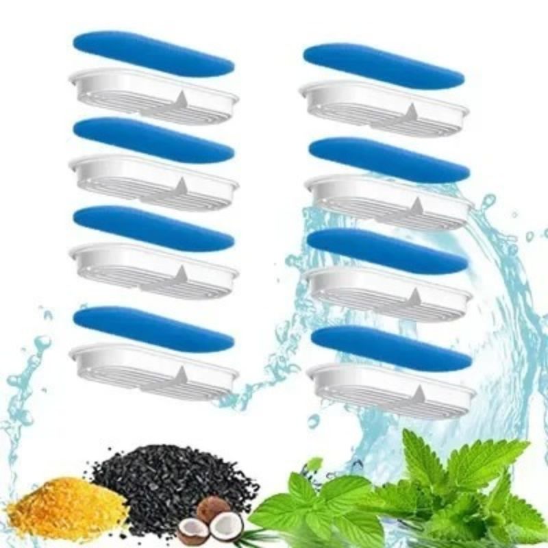 Huit filtres pour fontaine a eau pour chat avec un robinet en forme de tĂȘte de chat.