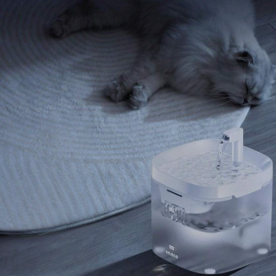 Une fontaine a eau chat automatique blanche et bien profonde en haut et transparente en bas avec un petit robinet et un chat blanc qui dort sur un tapis blanc dans le noir à cÎté de cette fontaine.