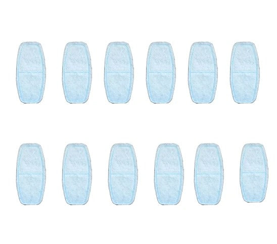 Douze filtres d'une Fontaine a eau pour chat ronde en acier inoxydable avec un cercle frontale qui montre le niveau de l'eau en lumiĂšre bleu.