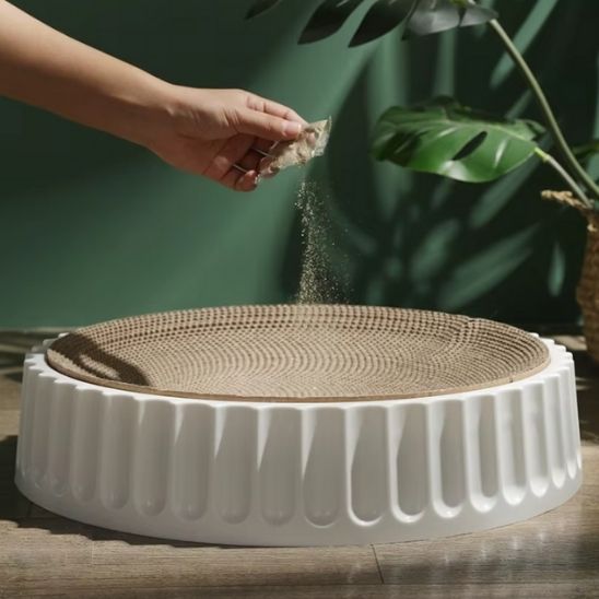 Une-main-d-un-adulte-qui-saupoudre-de-l-herbe-a-chat-sur-un-griffoir-à-chat-rond-avec-une-base-blanche-robuste