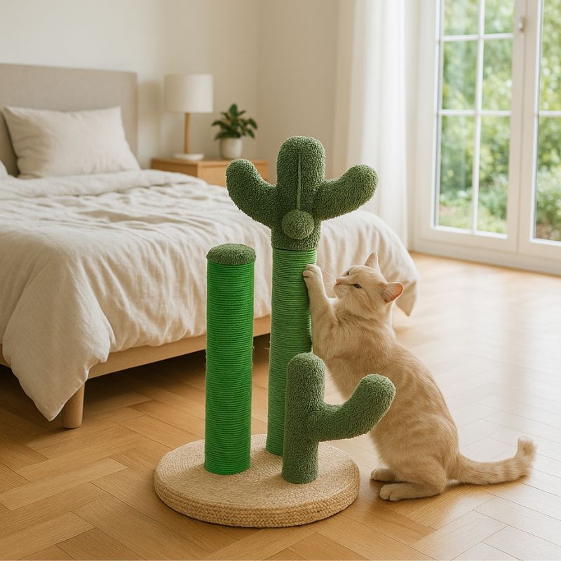 Griffoir chat en forme de cactus avec trois poteaux en sisal, une balle suspendue en peluche et une base marron avec un chat beige qui fait ses griffes dessus dans une chambre Ă coucher.