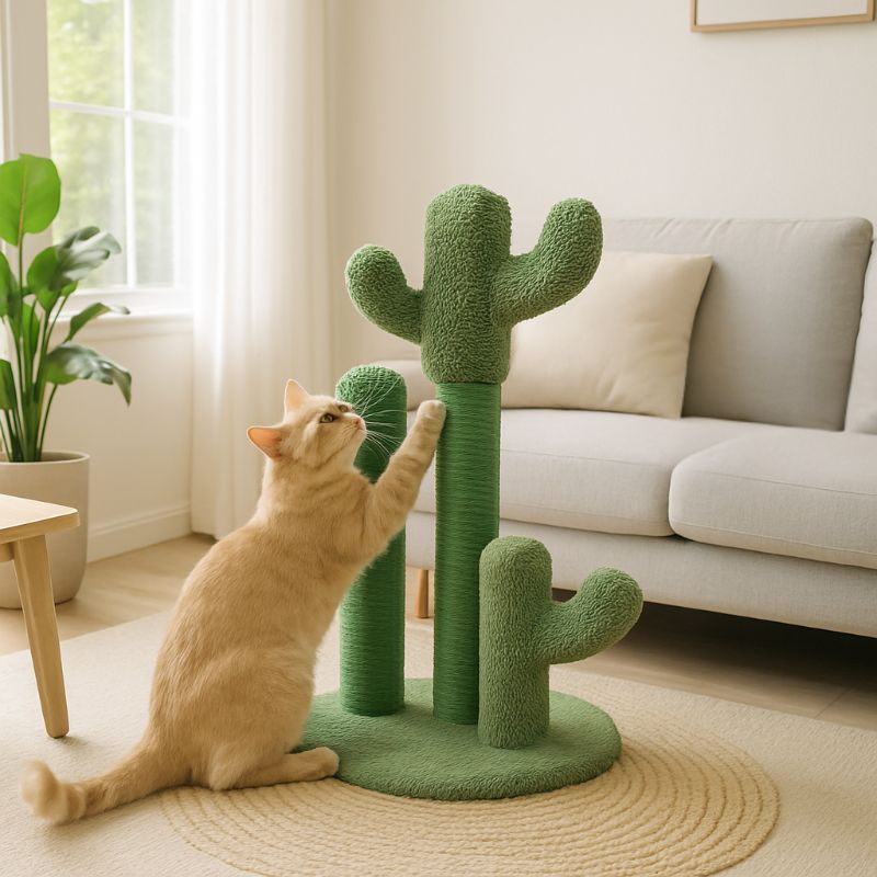 Griffoir chat en forme de cactus avec trois poteaux en sisal, une balle suspendue en peluche et une base verte avec un chat beige qui fait ses griffes dessus dans un salon de maison.