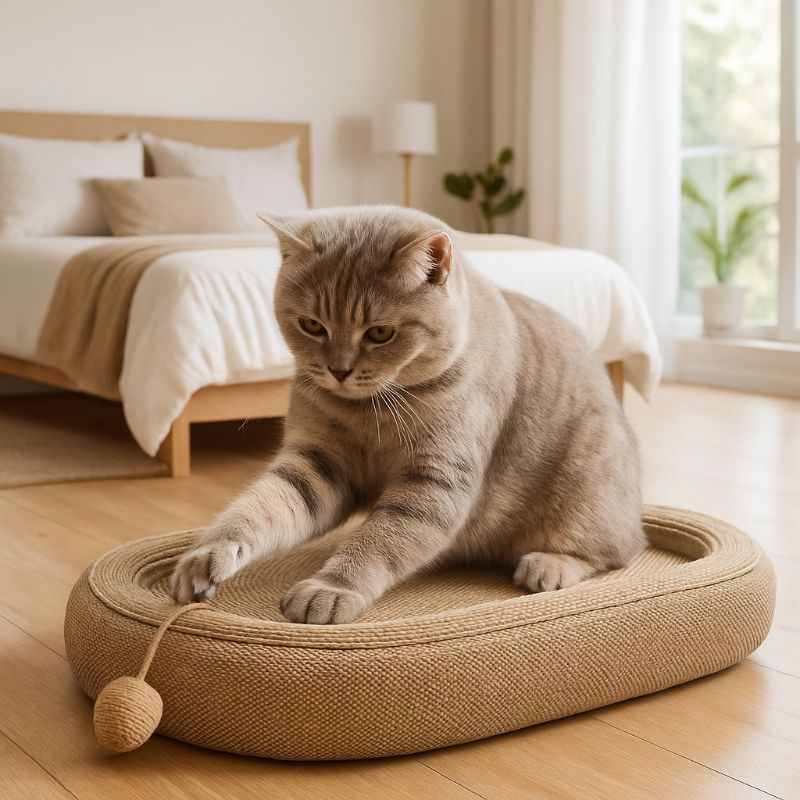 Griffoir chat lit ovale en sisal avec une boule intégrée et un chat gris assis dessus et joue avec la balle.