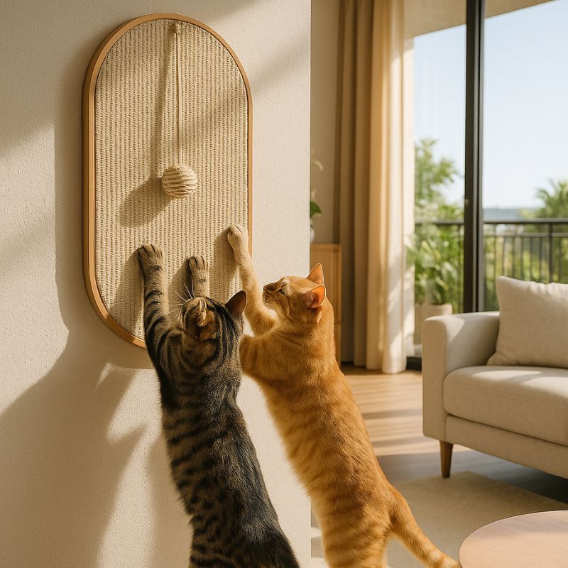 Griffoir chat en sisal et en forme de tapis ovale collé sur le mur, avec une balle suspendue en sisal et deux chats allongés dessus et font leurs griffes dessus.