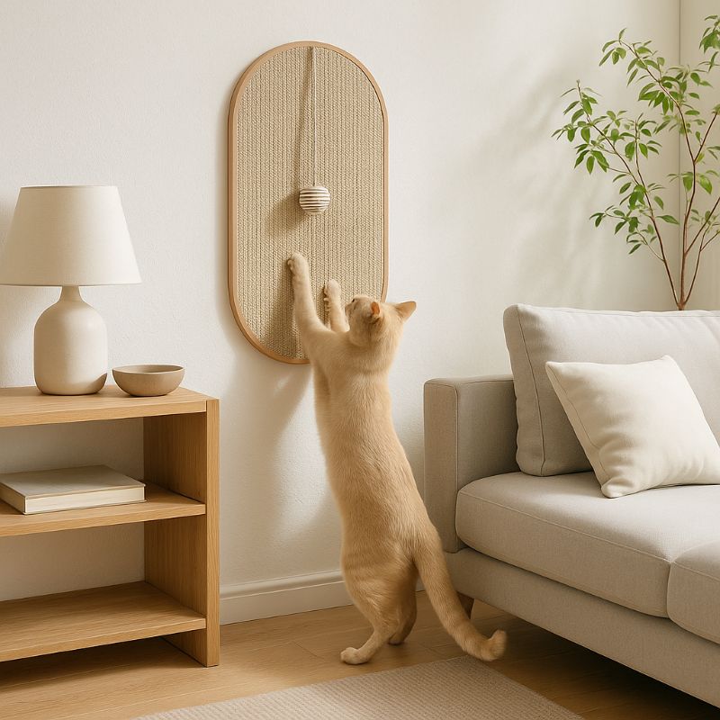 Griffoir chat en sisal et en forme de tapis ovale collé sur un mur de salon, avec une balle suspendue en sisal et un chat debout et fait ses griffes.