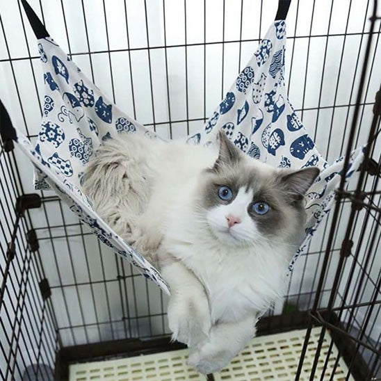 Hamac à chat balançoire blanc avec des motifs bleus accroché dans une cage avec un chat birman allongé au dessus.