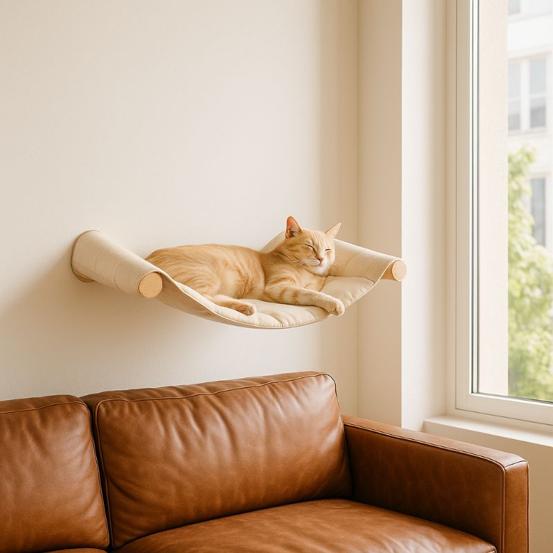 Hamac chat blanc collé au mur dans un salon sur un fauteuil marron en cuir et un chat roux endormi dessus.