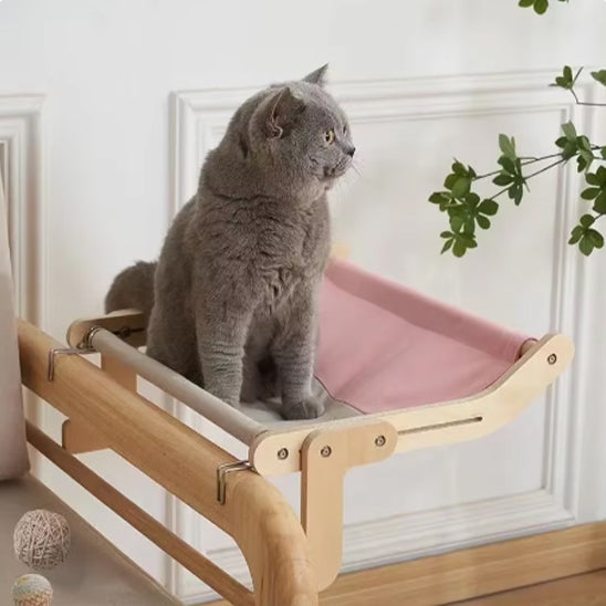 Un british shorthair assis sur un hamac chat gris et rose en bois accroché à un accoudoir d'un fauteuil de salon en bois aussi.