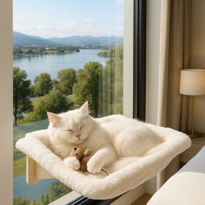 Hamac pour chat fenĂȘtre blanc collĂ© sur une fenĂȘtre avec un chat endormi dessus.