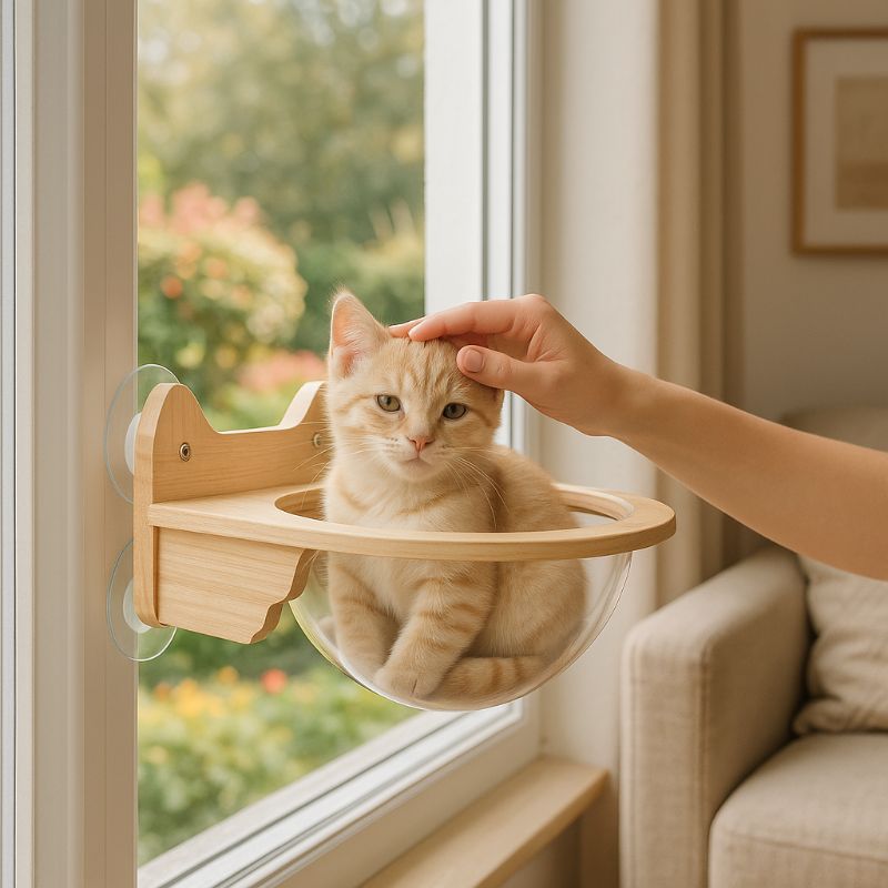 Hamac pour chat fenĂȘtre en forme de capsule collĂ© a une vitre avec des ventouses et un chaton assis dedans et une main le caresse.