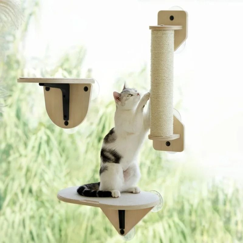Hamac pour chat fenĂȘtre, deux planches et un griffoir collĂ©s Ă une fenĂȘtre avec un chat qui fait ses griffes.