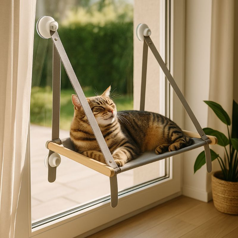 Hamac pour chat fenĂȘtre gris collĂ© sur une porte fenĂȘtre avec un chat tigrĂ© allongĂ© dessus et apprĂ©cie le soleil qui entre par la porte fenĂȘtre.