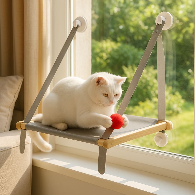 Hamac pour chat fenĂȘtre gris collĂ© sur une fenĂȘtre avec un chat blanc assis dessus et joue avec une balle rouge.