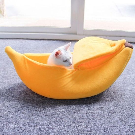 Lit pour chat en forme de banane jaune avec un chaton blanc assis dedans.