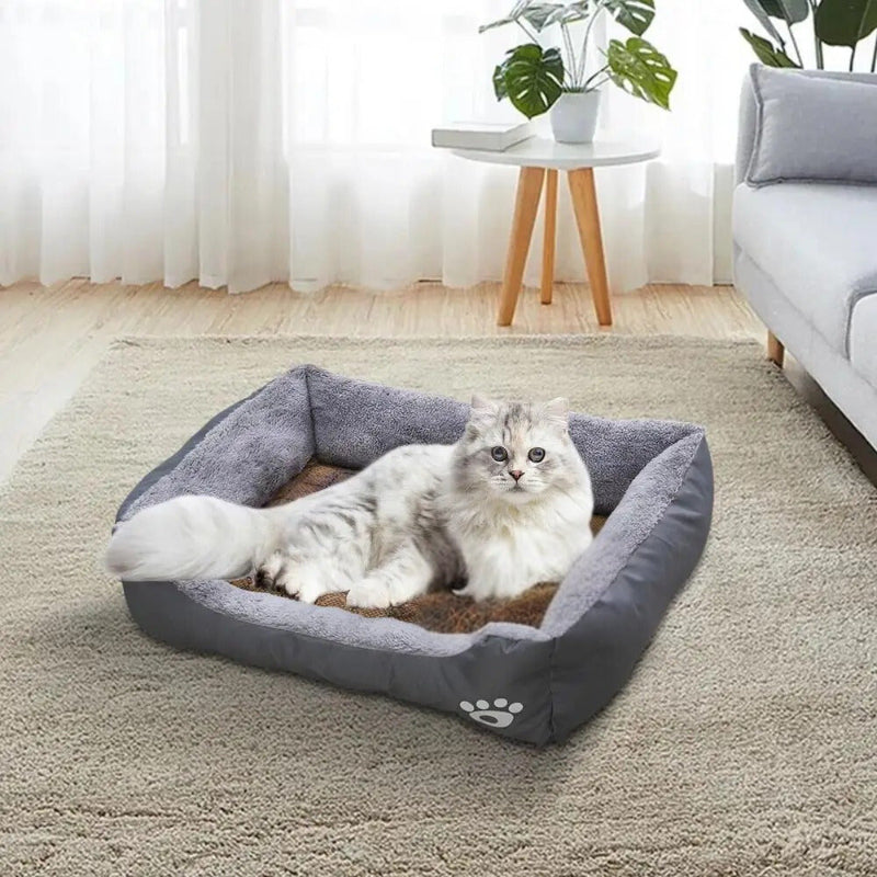 Lit pour chat rectangulaire gris foncé et peluche grise à l'intérieur avec un chat gris allongé dedans.