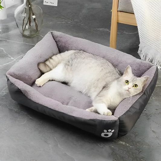 Lit pour chat rectangulaire noir et peluche grise à l'intérieur avec un chat gris allongé dessus.