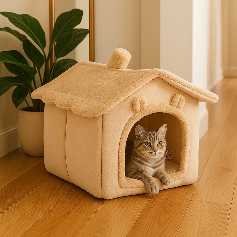 Niche Ă chat beige en forme de maison avec deux oreilles de chat et un chat assis dedans.