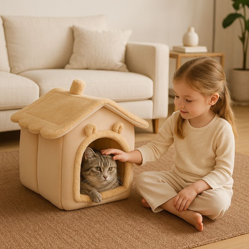 Niche à chat beige en forme de maison avec deux oreilles de chat et un chat tigré allongé dedans et une petite fille qui le caresse.