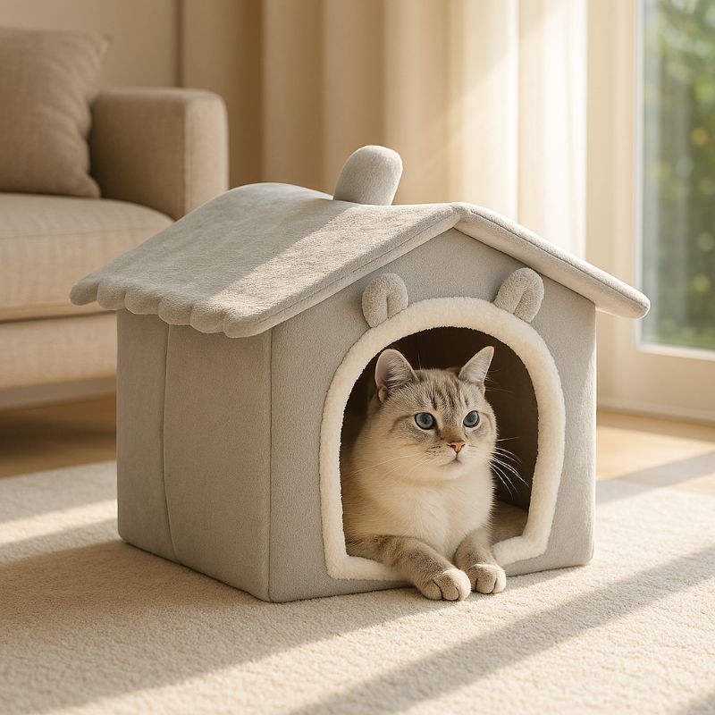 Niche à chat grise en forme de maison avec deux oreilles de chat et un chat gris allongé dedans.