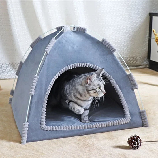 Niche à chat en forme de tente solide bleue avec un chat gris tigré assis dedans.