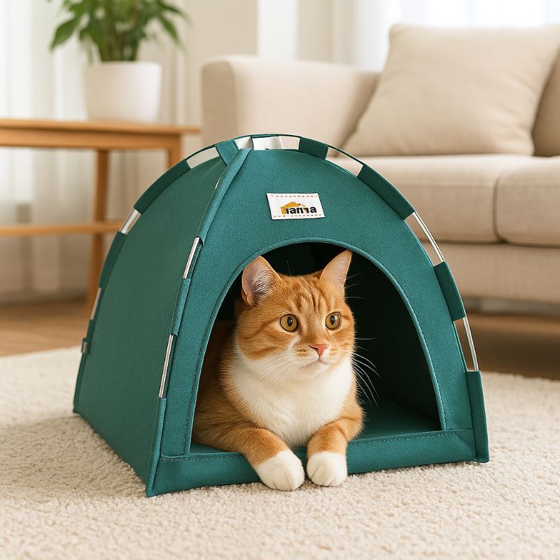 Niche Ă chat en forme de tente solide verte avec un chat roux assis dedans.