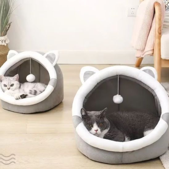 Niche chat grise avec des oreilles d'un ourson blanches et une balle suspendu en deux tailles, une grande avec un british shorthair gris allongé dedans et une niche petite avec un british shorthair blanc qui est allongé dedans aussi.