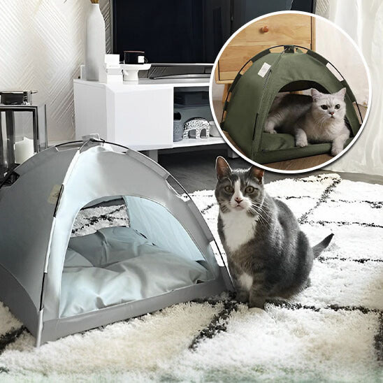 Niche chat en forme de tente grise avec un chat gris assis à coté sur un tapis de chambre noir et blanc et en attachement une image d`un chat gris assis dans une meme niche verte.
