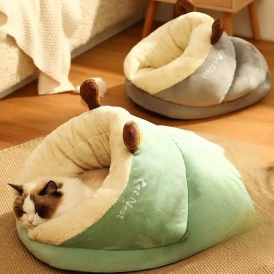 Une niche chat en forme de pantoufle verte avec un chaton qui dort dedans et à cÎté il y a une autre niche, mais de couleur grise sur un plancher de maison.