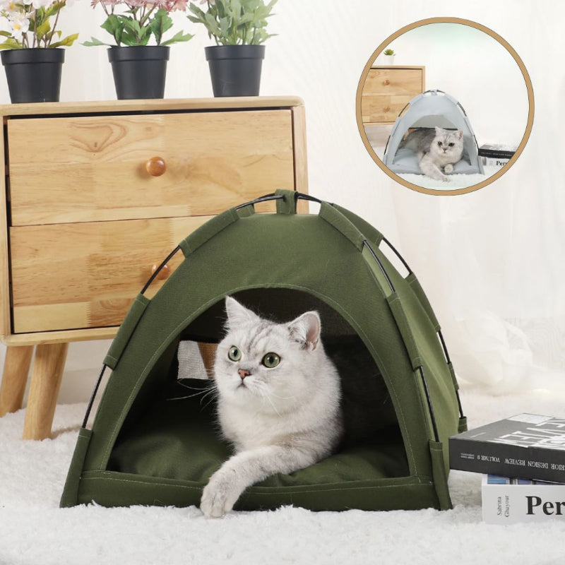 Niche chat verte en forme de tente sur un tapis blanc dans une chambre.