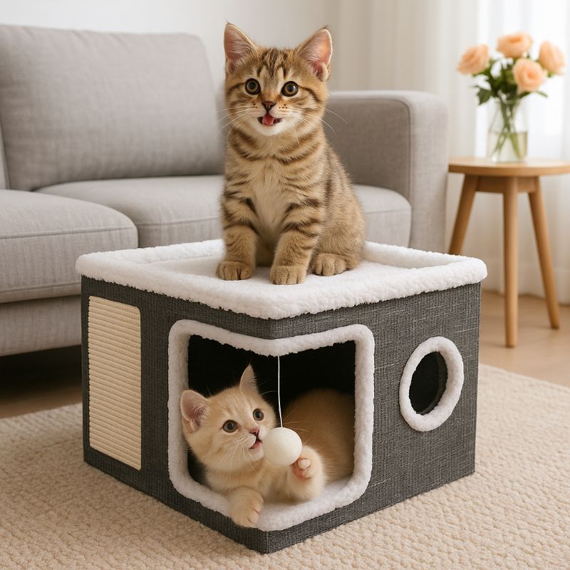Niche pour chaton en forme de cube grise et blanche avec deux ouvertures, une zone de grattage et boule suspendue avec un chaton assis sur la zone en haut et un autre chaton allongé à l'intérieur en train de jouer avec la boule.