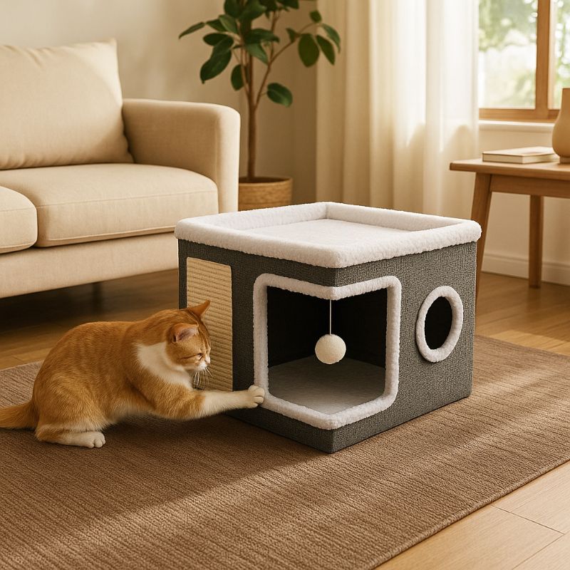 Niche pour chaton en forme de cube grise et blanche avec deux ouvertures une zone de grattage et boule suspendue avec un chat roux qui joue à cÎté de cette niche.