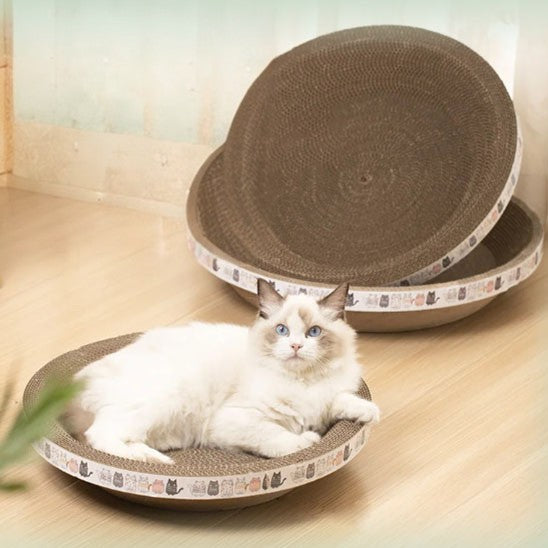 Panier chat en papier ondulé rond avec des motifs de chats tout le tour et un chat blanc assis dedans et deux autres paniers mis sur le cÎté.