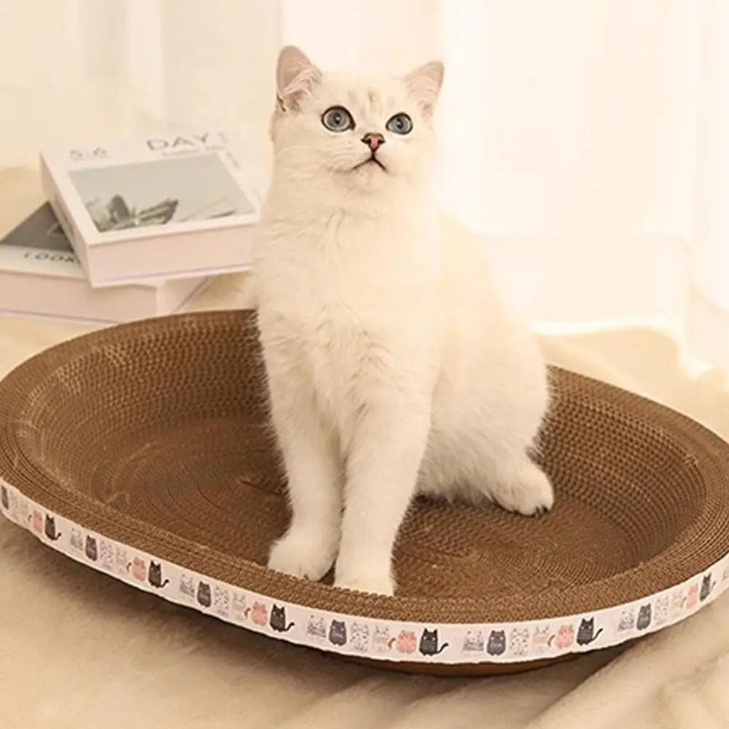 Un chat blanc qui s'appuie sur un panier chat griffoir en forme ovale.