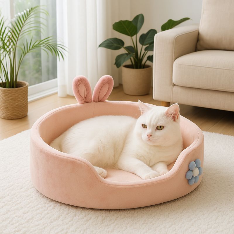 Un panier chat ovale rose avec deux oreilles de lapin et une fleur bleue sur le cÎté et une petite ouverture en avant et un chat blanc allongé dedans dans un salon et sur un tapis blanc.