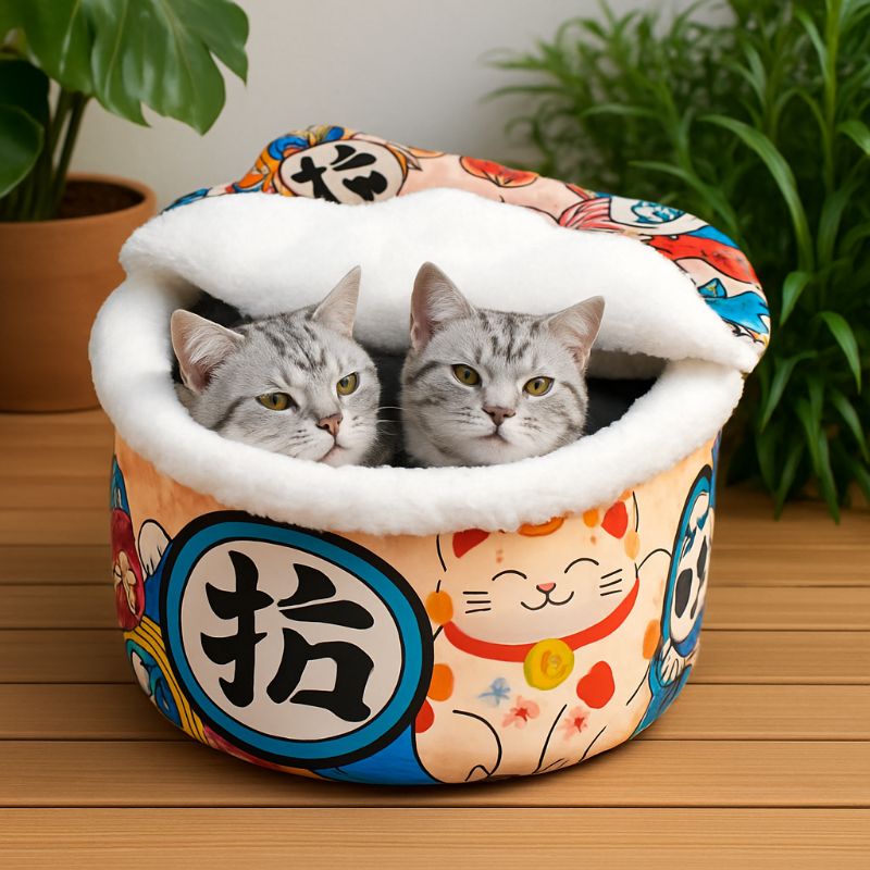 Panier chat en forme de pot chinois avec couvercle, plusieurs motifs et couleurs avec deux chatons gris assis dedans.