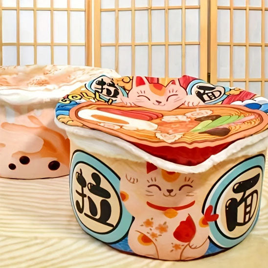 Panier chat en forme de pot chinois avec couvercle, plusieurs motifs et couleurs.