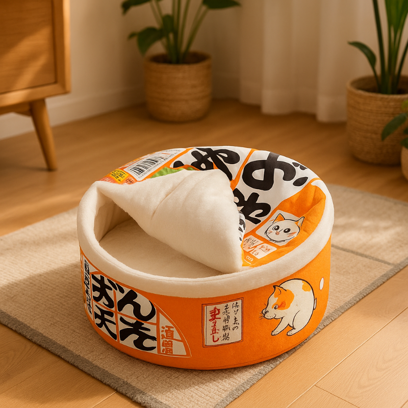 Panier chat en forme de pot de nouilles orange avec motifs