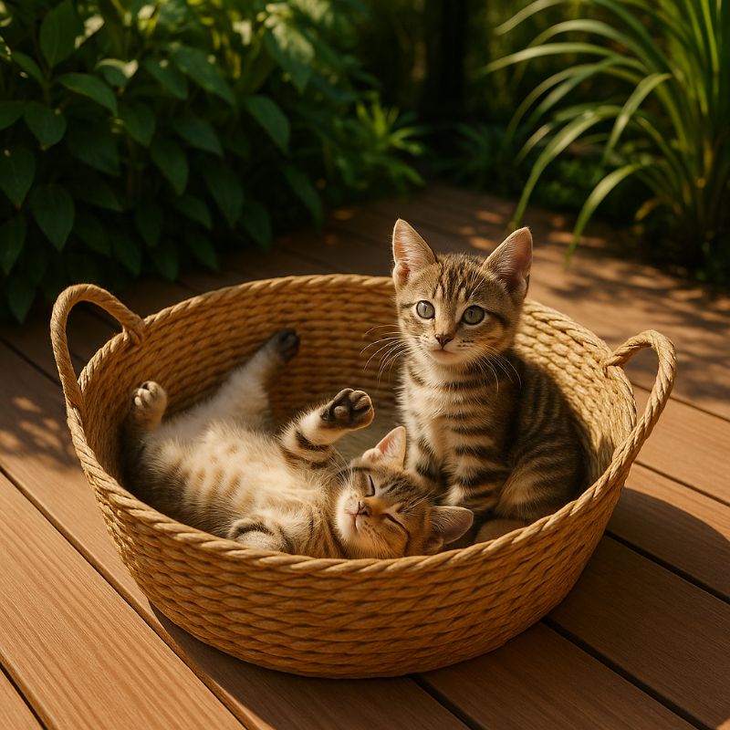 Panier en osier pour chat rond avec deux chatons dedans, un endormi et l'autre assis.