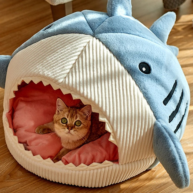Panier pour chat en forme de requin bleu et blanc avec un chaton roux allongé et regarde depuis l'ouverture au niveau de la bouche de ce requin.