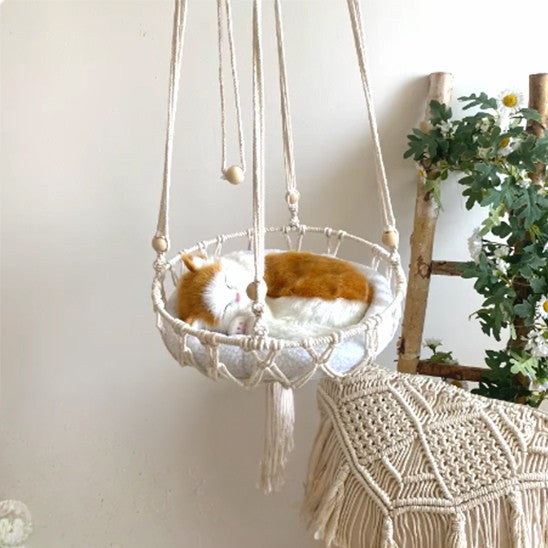 Panier pour chat en forme de hamac blanc suspendu avec un coussin blanc et un chaton blanc et roux qui dort dessus.