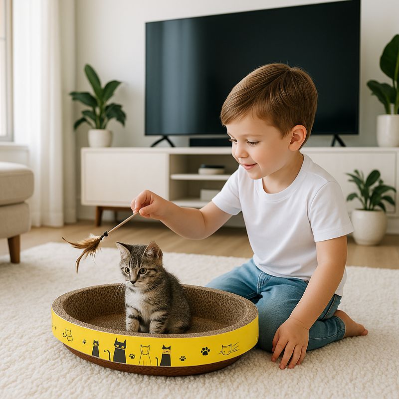 Panier pour chat ovale avec bande jaune avec motifs et un chaton assis dessus et un garçon qui joue avec lui.