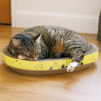Panier pour chat ovale avec bande jaune avec motifs et un chat tigré endormi dessus.