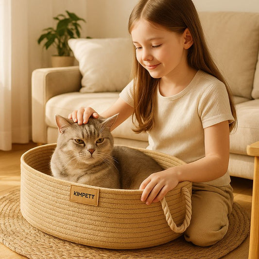 Panier osier pour chat avec deux poignées sur le côté et un chat gris assis dedans et une fillette assise à côté du panier en caressant le chat.