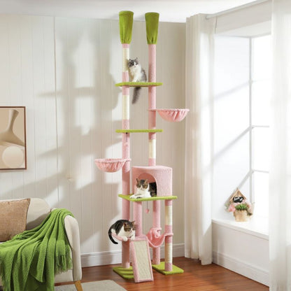 Arbre a chat bois double poteaux cactus rose avec sept niveaux et trois chats jouent dessus.