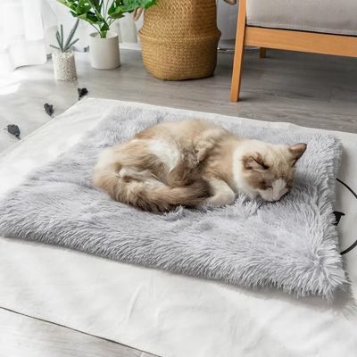 Coussin chat pliable gris avec peluche grise à l'intérieur déplié comme tapis avec un chat marron allongé dessus.