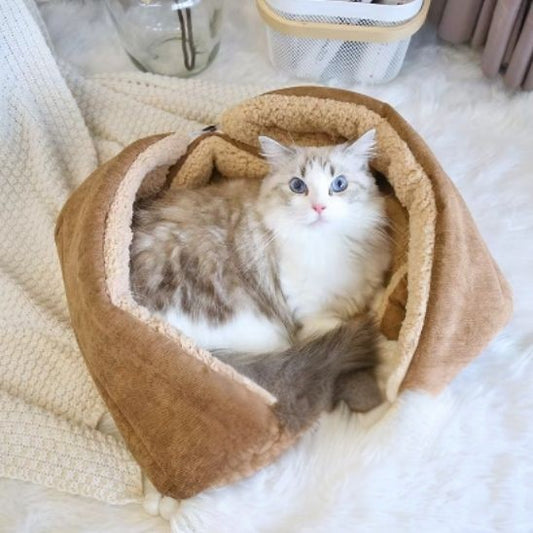 Coussin pour chat pliable marron avec un chat gris allongé dedans.
